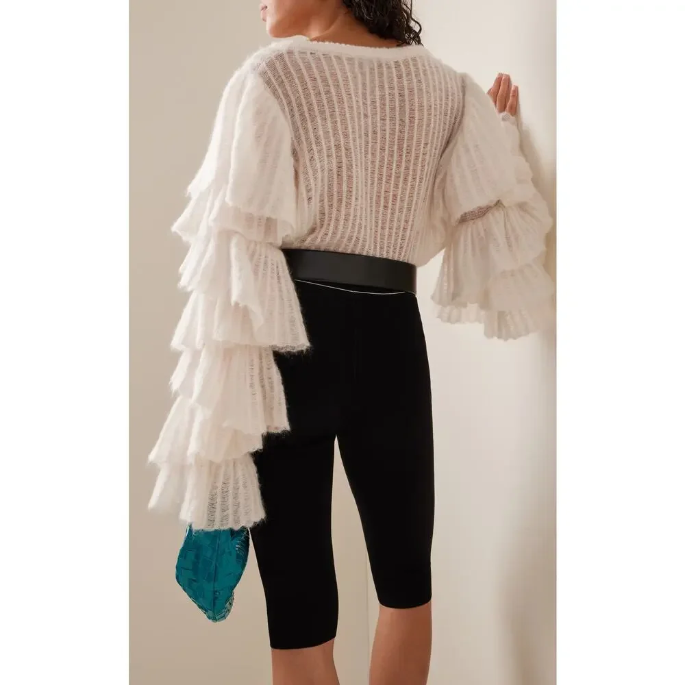 Aje Alpaca Wool Ruffle Sleeve White Sweater XS Designer Statement Knit